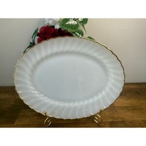 Vintage Anchor Hocking Milk Glass Oval Serving‎ Platter Gold Rim Scalloped Edge